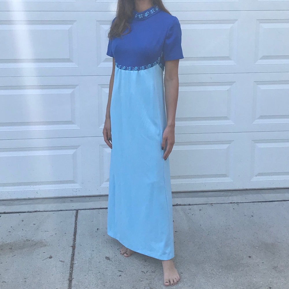 Vintage 70s two tone blue maxi dress